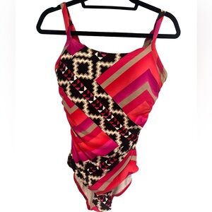 Coco Reef Sunset Red Ruched One Piece Swimsuit with Geometric Design